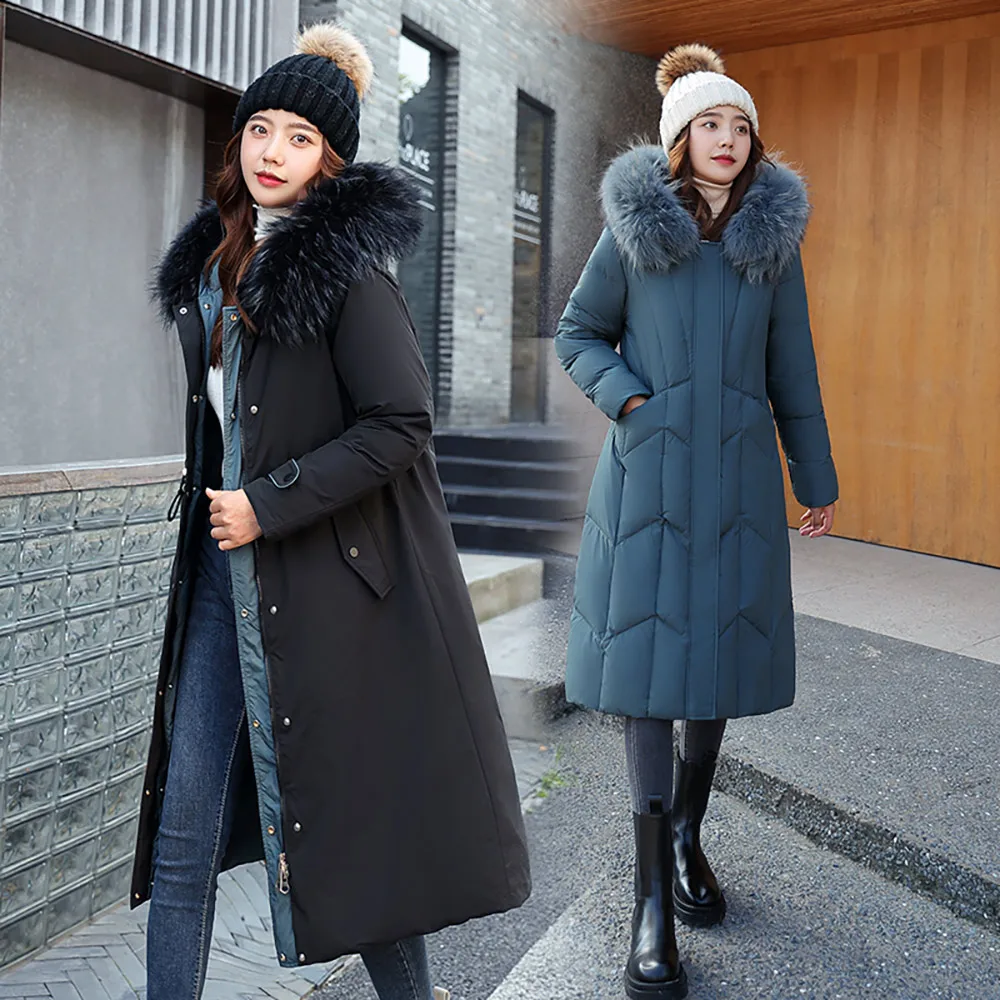 Vielleicht 2021 New Cotton Padded Liner Parkas Fashion Fur Collar Winter Jacket Women Long Hooded Winter Coat Two Sides Wear