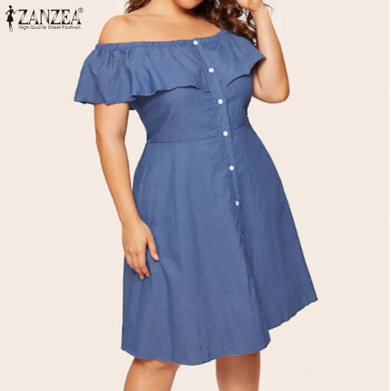 Light Blue Модное джинсовое синее платье, женский летний сарафан, ZANZEA,, женское Повседневное платье с оборками, сексуальное платье с открытыми плечами размера плюс 7 - Цвет: Light Blue