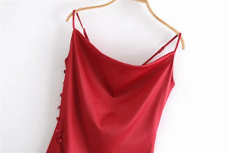 

New Women's Clothing Sexy Low-Cut Draped Collar With The Same Color Button Hem Slit Silk Satin Texture Suspender Lingerie Dress