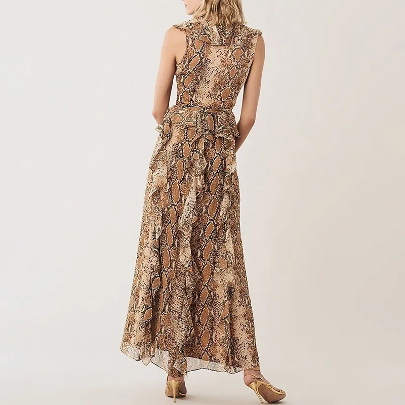 TWOTWINSTYLE Snake Print Sleeveless Women Dress V Neck Off Shoulder Ruffles High Waist Ankle Length Dresses Female Summer 2020 | Женская
