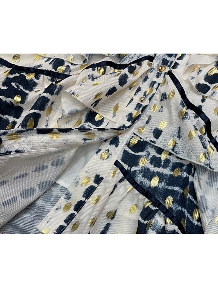 

Heavy craftsmanship, hot stamping, wave dots, blooming, V-neck, ruffles, laces, waist, big hem, dress, ladies summer new style