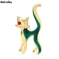 wulibaby enamel green sexy cat brooches for women men pets animal party office brooch pin jewelry gifts