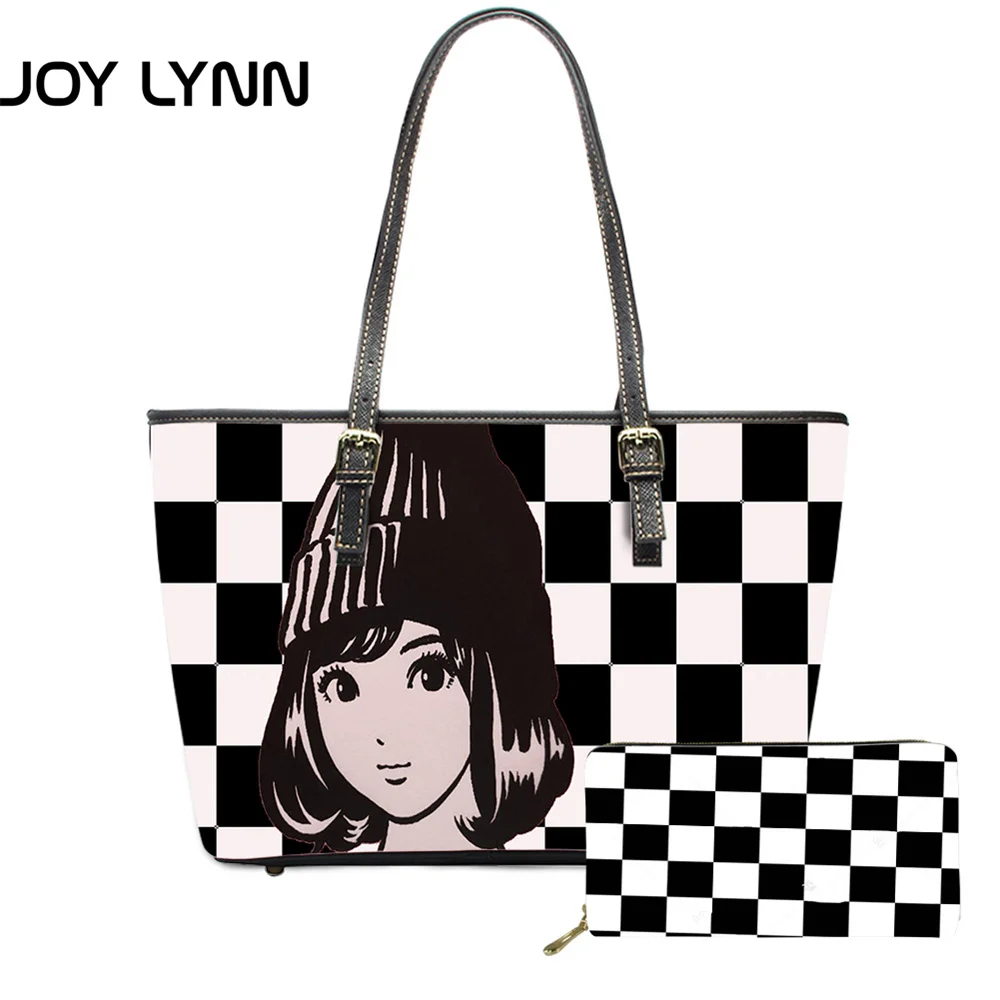 

JOY LYNN Chessboard Cute Girl Cartoon Print Shoulder Bags For Women With Long Leather Wallet 2Sets Luxury Tote Bag Shoulder Bag