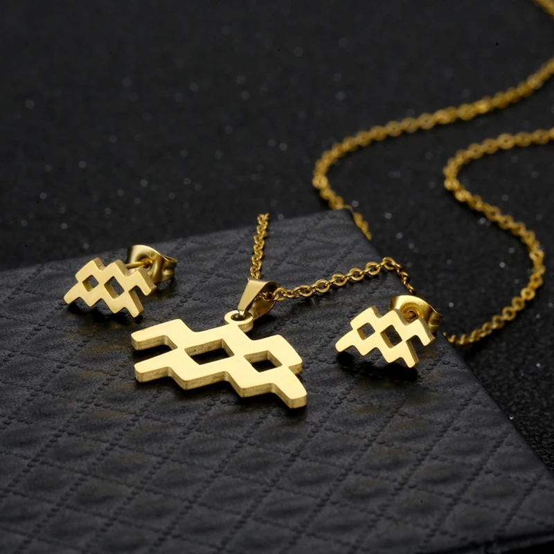 

Rinhoo Stainless Steel Zodiac Necklace Earrings Jewelry Set For Women Gold Color Pendant Stud Men 12 Constellations Jewelry Gift