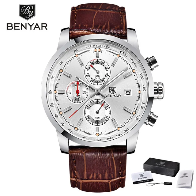 brown BENYAR мужские роскошные часы Топ бренд кварцевые часы с хронографом модные спортивные автоматические часы с датой военные часы Relogio Masculino - Цвет: brown