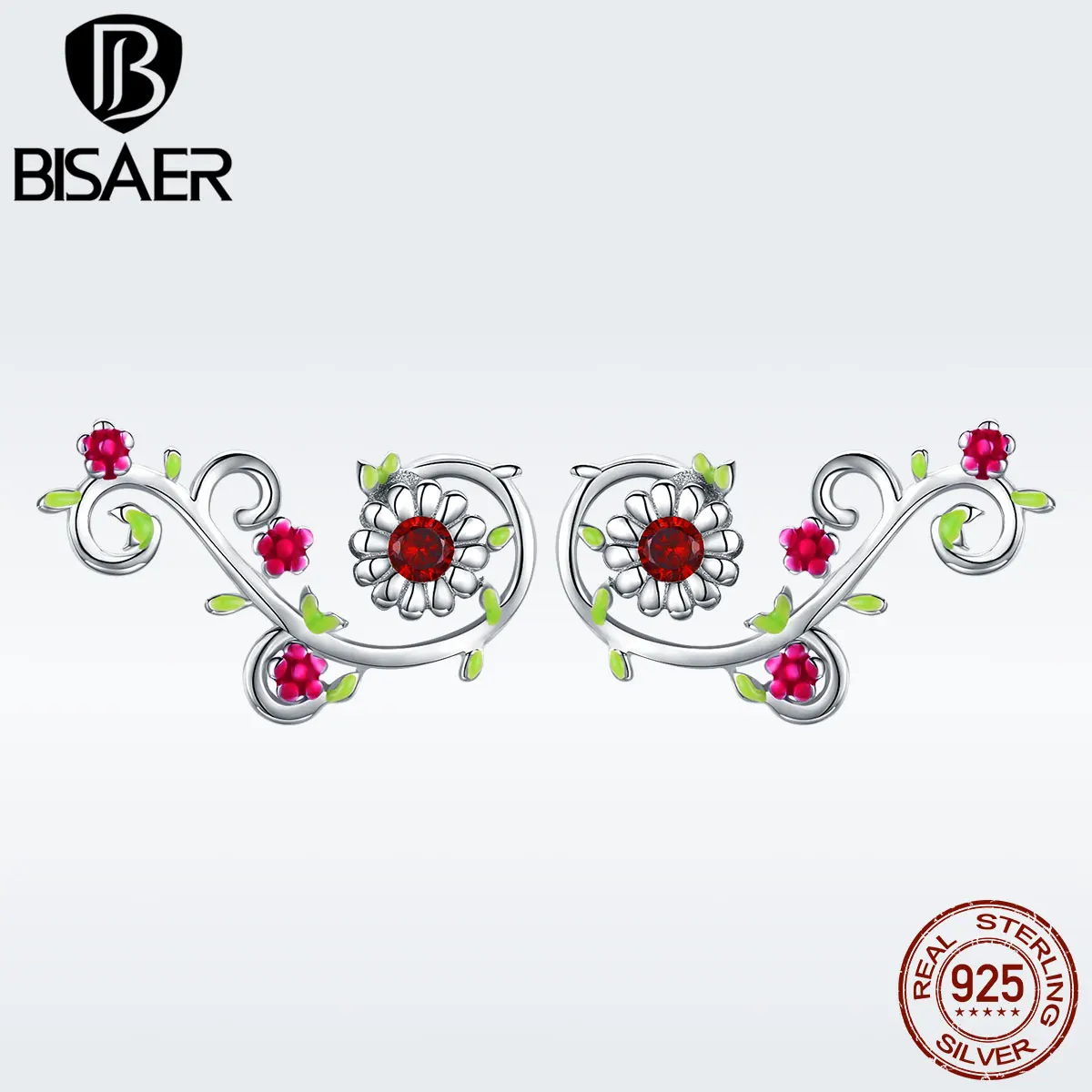 BISAER, Стерлинговое серебро 925, красный цветок, Виноградная лоза, весенние цветочные длинные серьги-гвоздики для девочек, ювелирные изделия для свиданий, Moda Brincos GAE041
