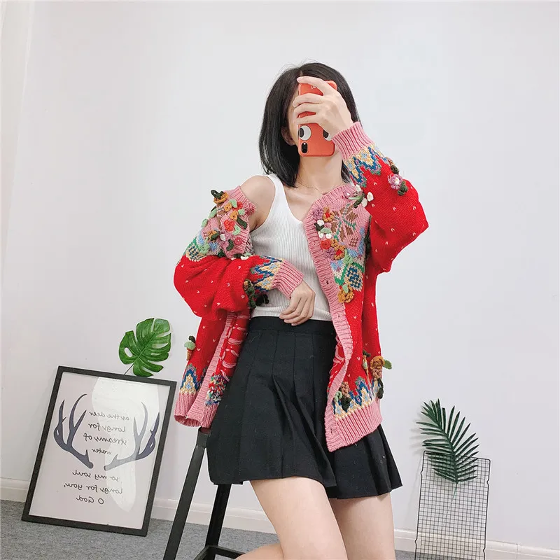 Ancient sweater early autumn hand knitted three-dimensional flower wheel college bright sweater cardigan woman