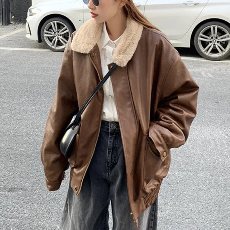 

Vintage Autumn And Winter PU Leather Jacket Women Clothes Loose Warm Thick Faux Leather Black Winter Coats Chaqueta Mujer Q5023
