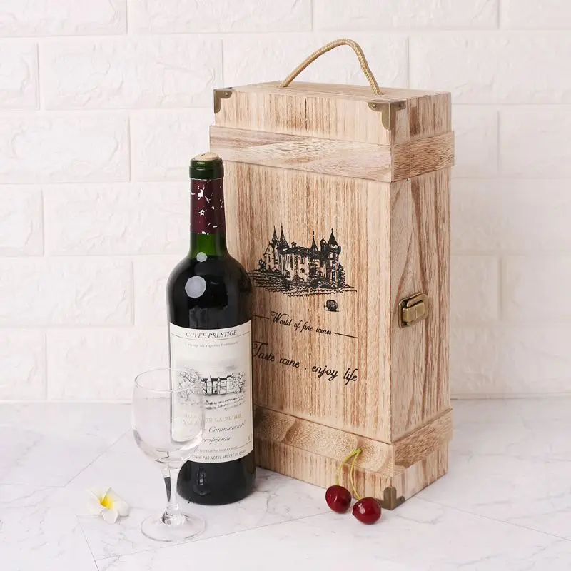 

New Vintage Wood 2 Red Wine Bottle Box Carrier Crate Case Storage Carrying Display Holder Birthday Party Christmas Gift