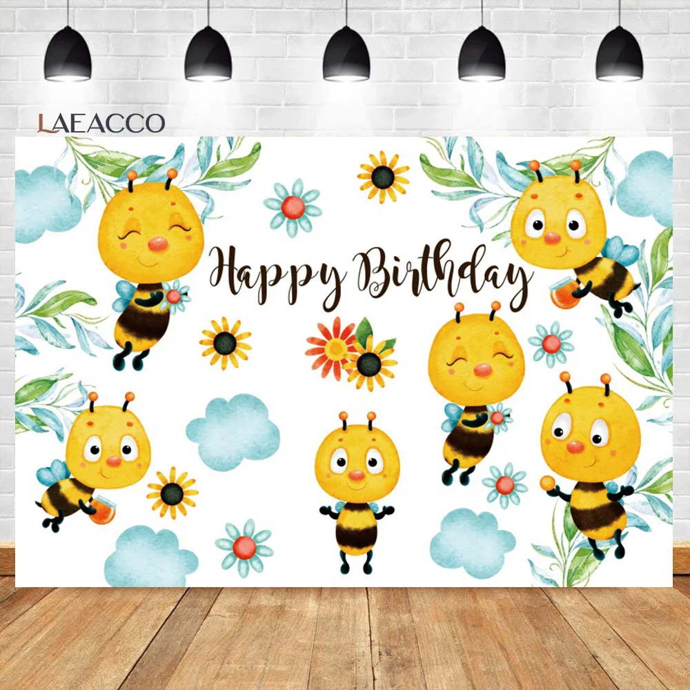 Laeacco Cute Bee Happy Birthday Photocall Backdrop Cartoon Bee Flowers Newborn Baby Portrait Customized Photography Backgrounds