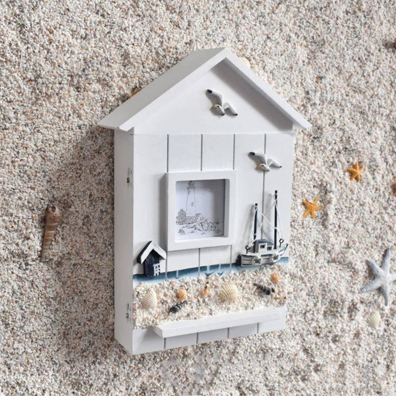 

F1CD Mediterranean Style House Shape Wooden Key Holder Box Case Wall Mounted Hanging Cabinet Storage Organizer Creative Home