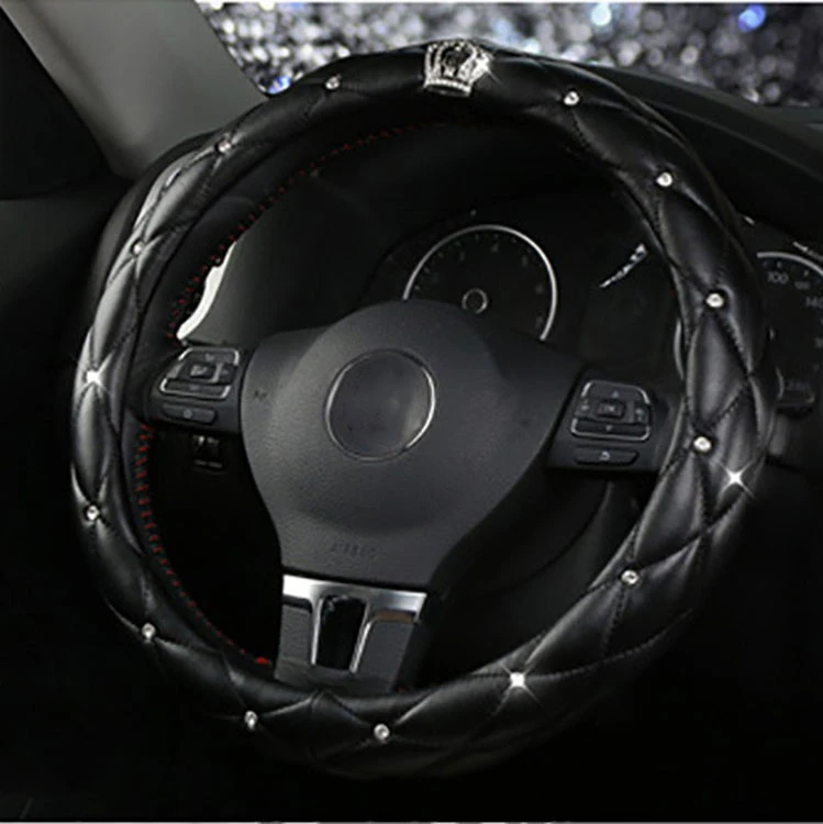 38CM Universal PU Leather Car Steering Wheel Cover Diamond Blingbling Crystal Seat Belt Crystal Crown Accessories Black