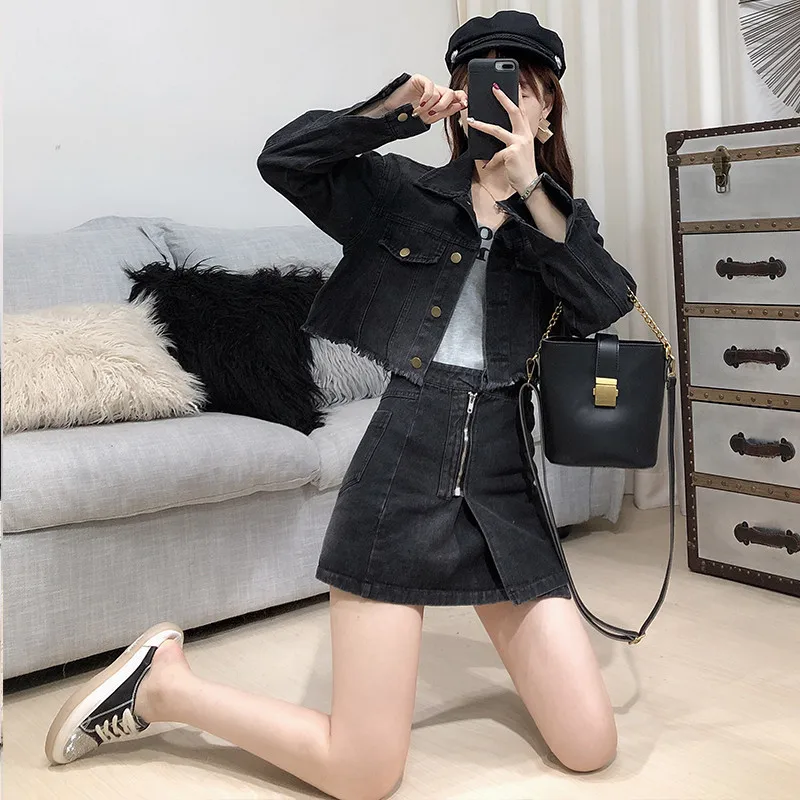 Осенний костюм с юбкой корейские женские комплекты модная короткая джинсовая