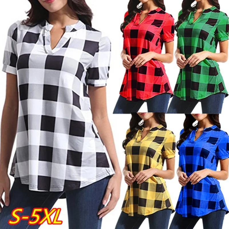 

Summer Casual Women's T Shirt 2021 Fashion Lattice V Neck Short Sleeve Buttons All-match Loose Ladies T Shirt Plus Size