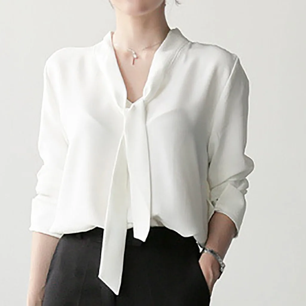 

Elegant Chiffon Blouse Woman Solid White Tops Shirts Office Lady Uniform Shirts Full Sleeve Blouse Blusas