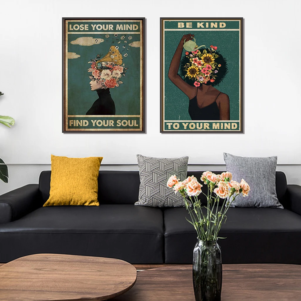 

Retro Poster Canvas Painting Lose Your Mind Find Your Soul Inspirational Quote Art Prints Abstract Flower Girls Picture Wall Art