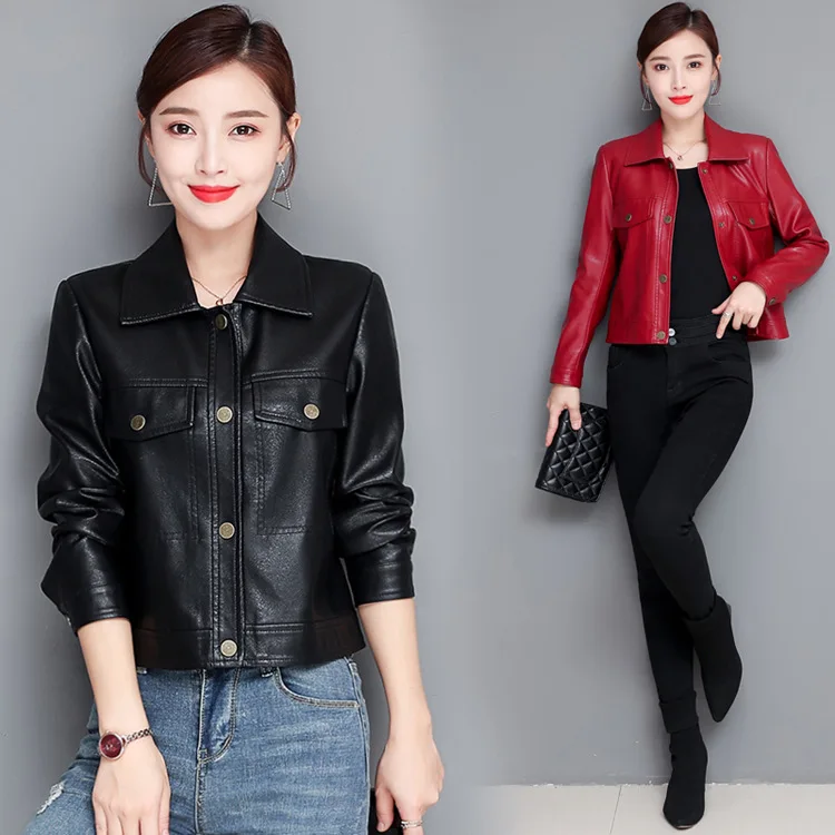 Autumn Women Black Slim Cool Lady motorcycle Leather Jacket Sweet Female Spring Button Short Outwear Fashion Coat