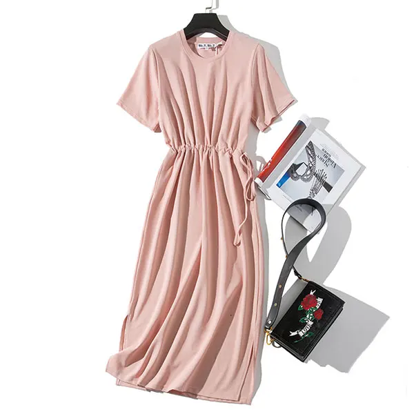 Длинное платье футболка женское летнее с поясом и разрезом на талии Повседневное