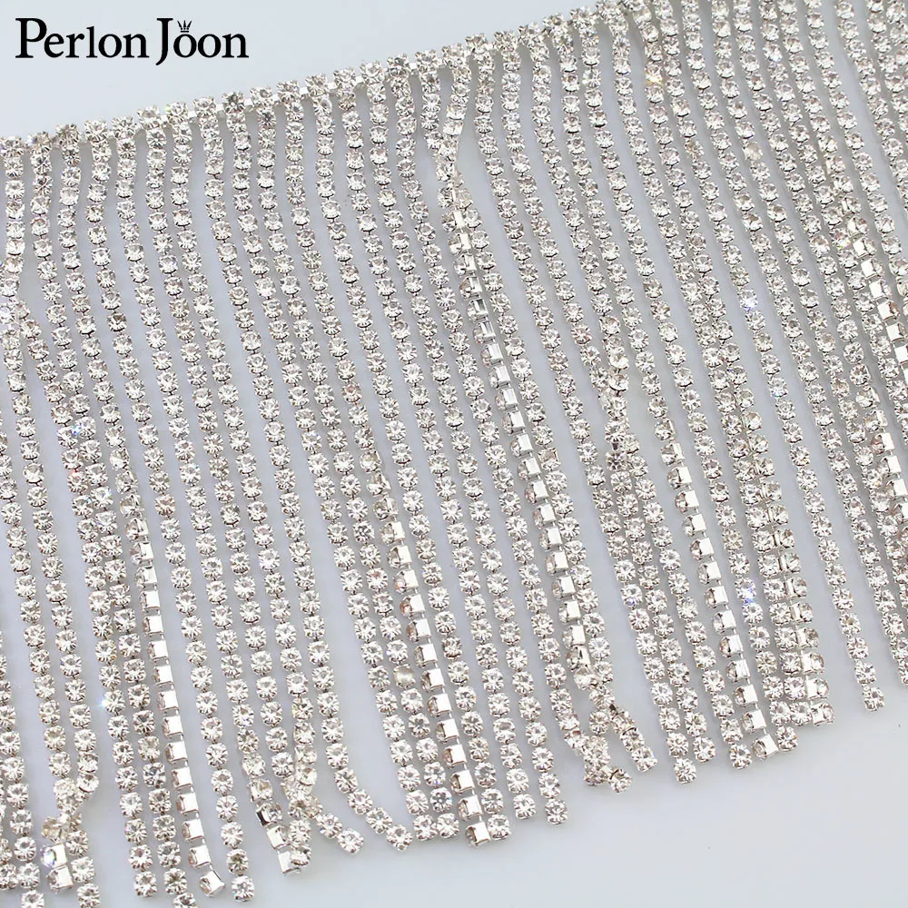 1 yard Long tassel crystal rhinestone trim Silver crystal decorative metal chain clothing accessories ML074