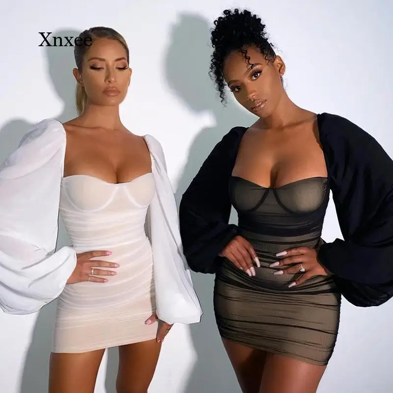 

French Mesh Mini Pencil Dress Long Lantern Sleeve Spring Women Club Party Sexy Bodycon Strapless Sexy Backless Dresses Vestidos