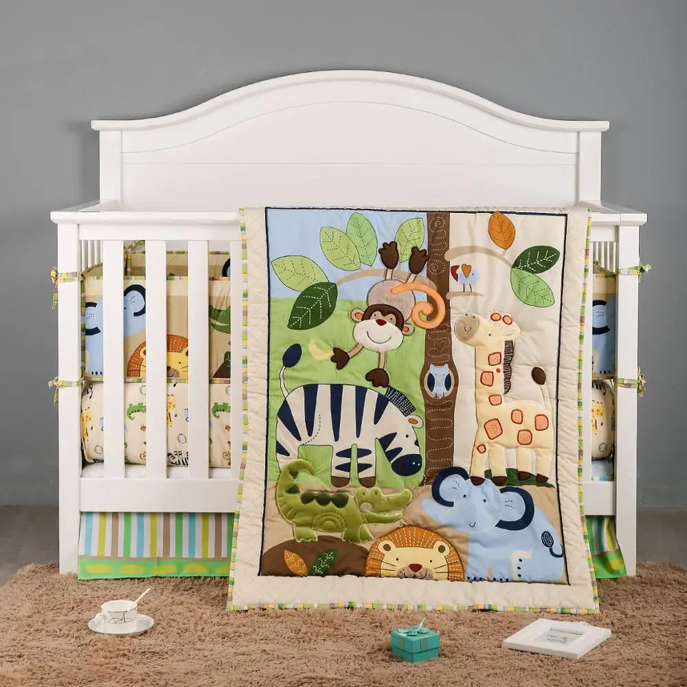 4PCS SET Baby bedding sets  cotton Cartoon jungle design crib bedding set include comforter,crib sheet,crib skirt,crib bumper