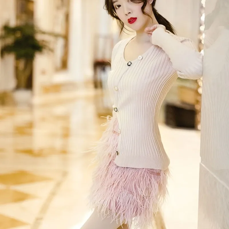 Новая модная женская мини юбка с розовыми перьями трикотажный топ комплект из