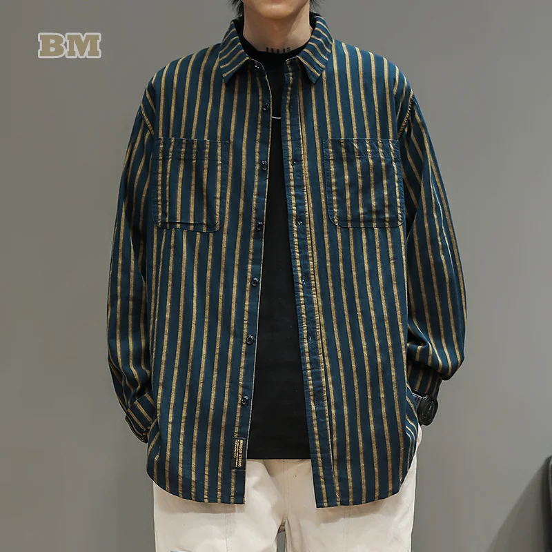 

Japanese Streetwear Striped Long Sleeve Shirt Harajuku High Quality Couple Casual Clothes Autumn Korean Fashion Top Men Coat