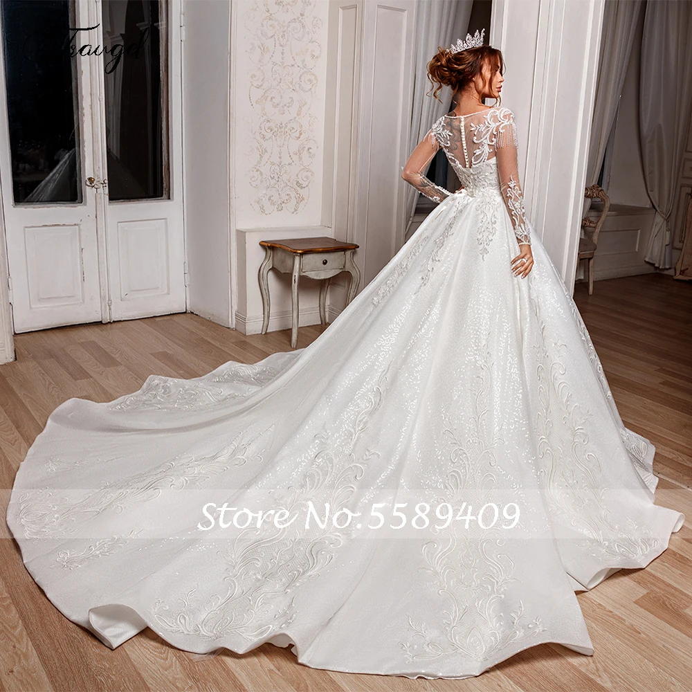 Traugel Scoop Ball Gown Satin Wedding Dresses Luxury Applique Beading Long Sleeve Bride Dress Chapel Train Bridal Gown Plus Size