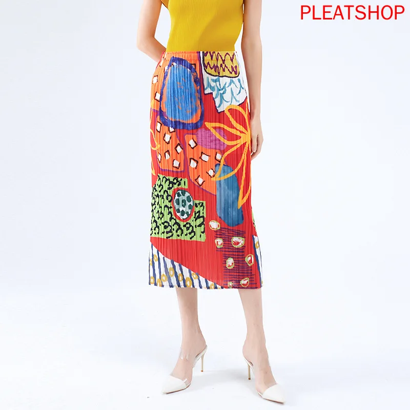 

Miyake Skirt New Summer New Non-Mainstream Printed Pleated Skirt Casual Mid-Length Bag Hip Skirts Upe Faldas Falda Saia