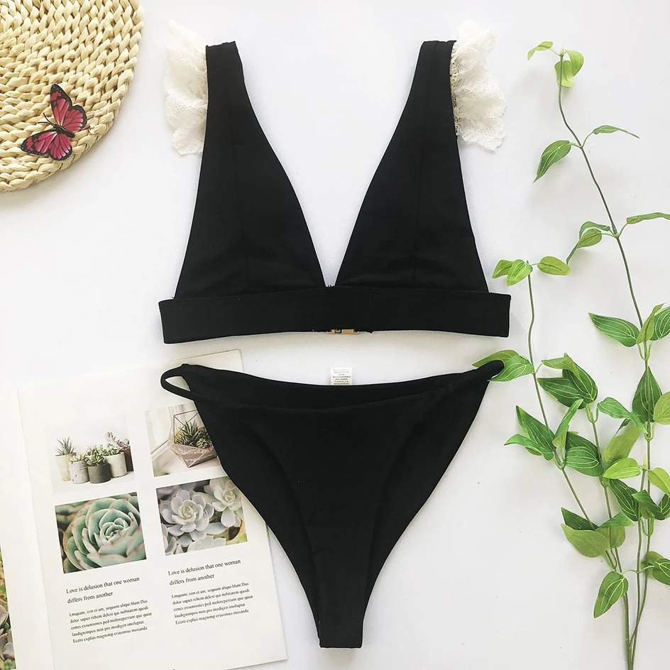 

Sexy Lace Bikini 2021 Women`s Swimsuit Black Thong Bikinis Set Summer Female Beachwear Swimming for Swimwear Woman Bathing Suit