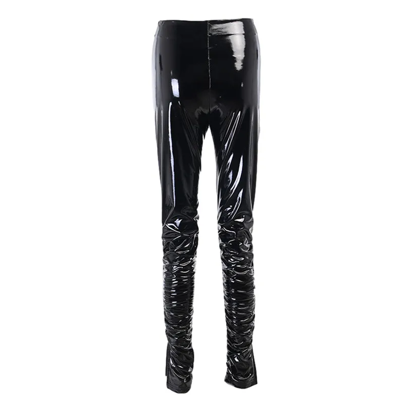 

Women's Slim Bright Color Personality Trend Pencil Pants Fashion Pu High Waist Slit Pleated Leather Pants