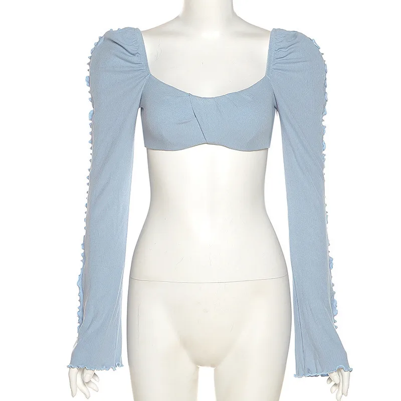 

2021 Summer Short Tee Women Fashion T-shirt Long Flare Sleeve Solid Sexy Bodycon Skinny Clubwear Women T-shirt Female Blusas Top