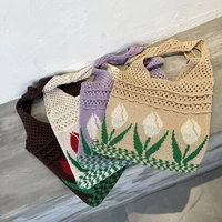 hollow woven vintage flower shoulder bag womens bags knitted braid shopper sac big capacity handbags casual tote bag