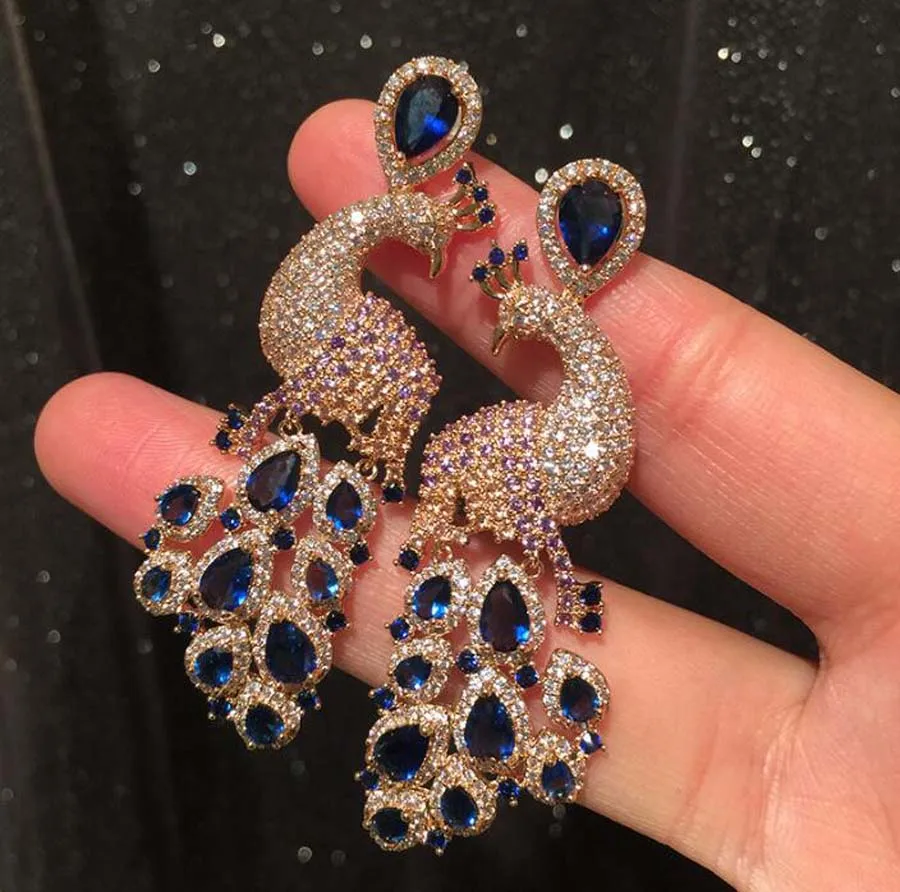 

Blue Peacock advanced Earrings elegant Exaggerated Retro Elegant Tassel Blue rhinestone luxurious animals banquet ear jewelry
