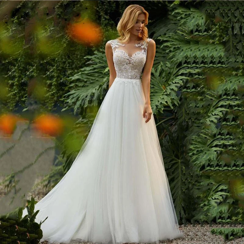 

A-Line Wedding Dresses Lace Appliques Tulle Women Bridal Dress Sleeveless Brides gown For WomenSpring Custom Vestidos De Maariee