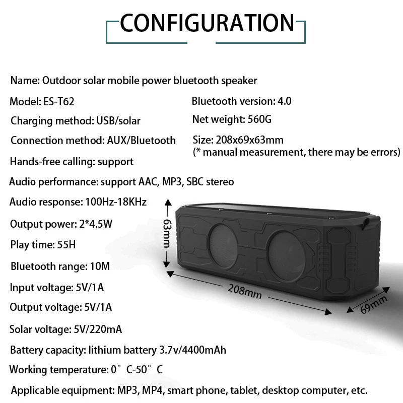 Solar Bluetooth Speaker with 4400Mah Power Bank 4.0 12W Stereo Subwoofer Bass Waterproof for Outdoor and Ind | Электроника