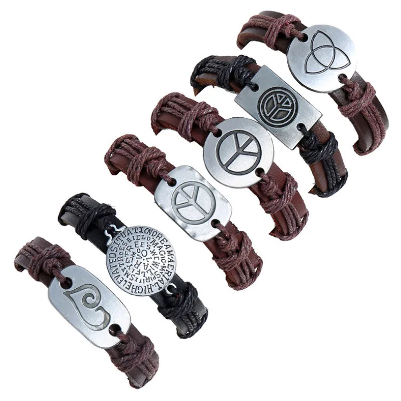 

Vintage Retro Peace Bracelets Set Black Brown Leather Men Women Wristbands Peace Heart Charms Bangle Casual Fashion Jewelry Gift