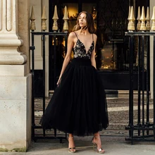 Fivsole vestido Midi de fiesta de boda, Sexy, con cuello en V, Apliques de encaje, vestido de noche Formal de tul con tirantes finos (1)