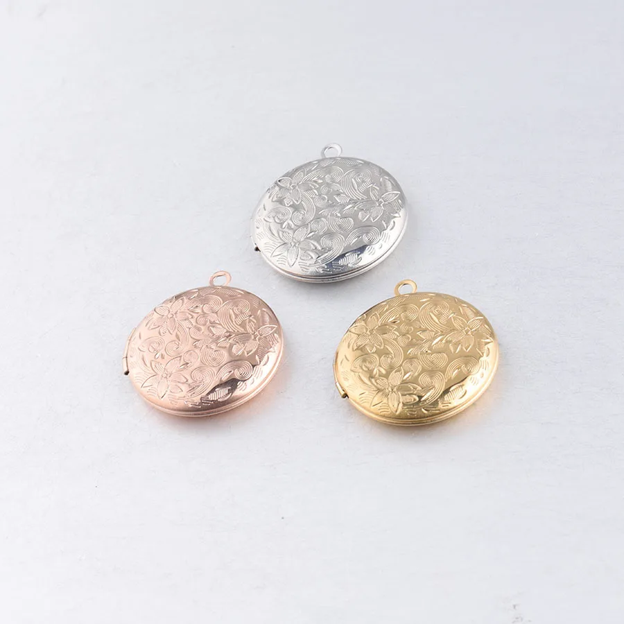 100% Stainless Steel Round Photo Locket Pendant For Jewelry Making Flower Pattern High Polished Wholesale 10pcs | Украшения и