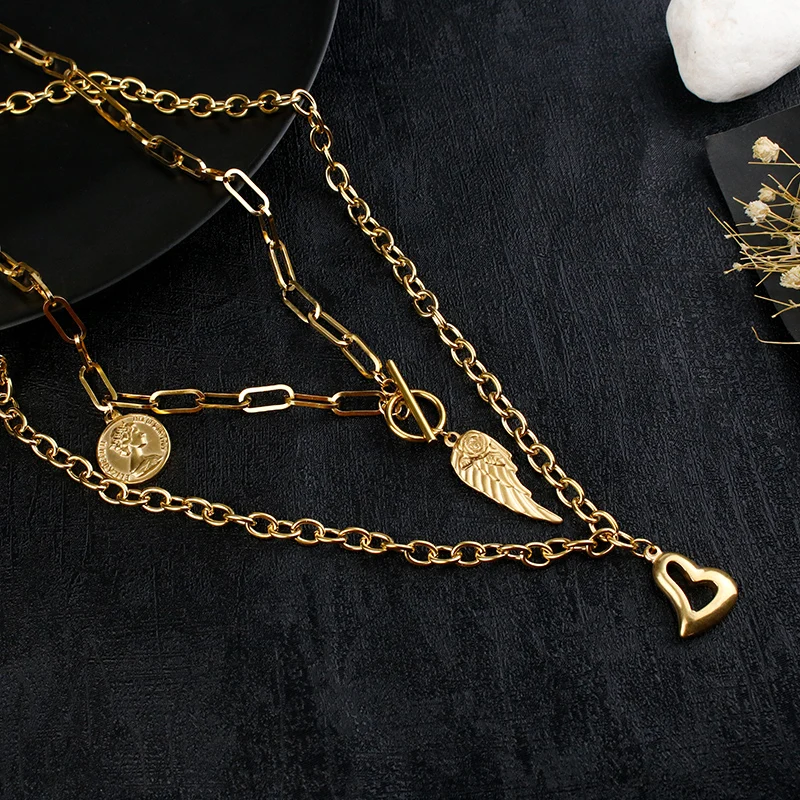 

Women's Vintage Multilayer Coin Chain Necklace Portrait Love Angel Wing Necklace Layered Necklace Stainless Steel Jewelry Gift