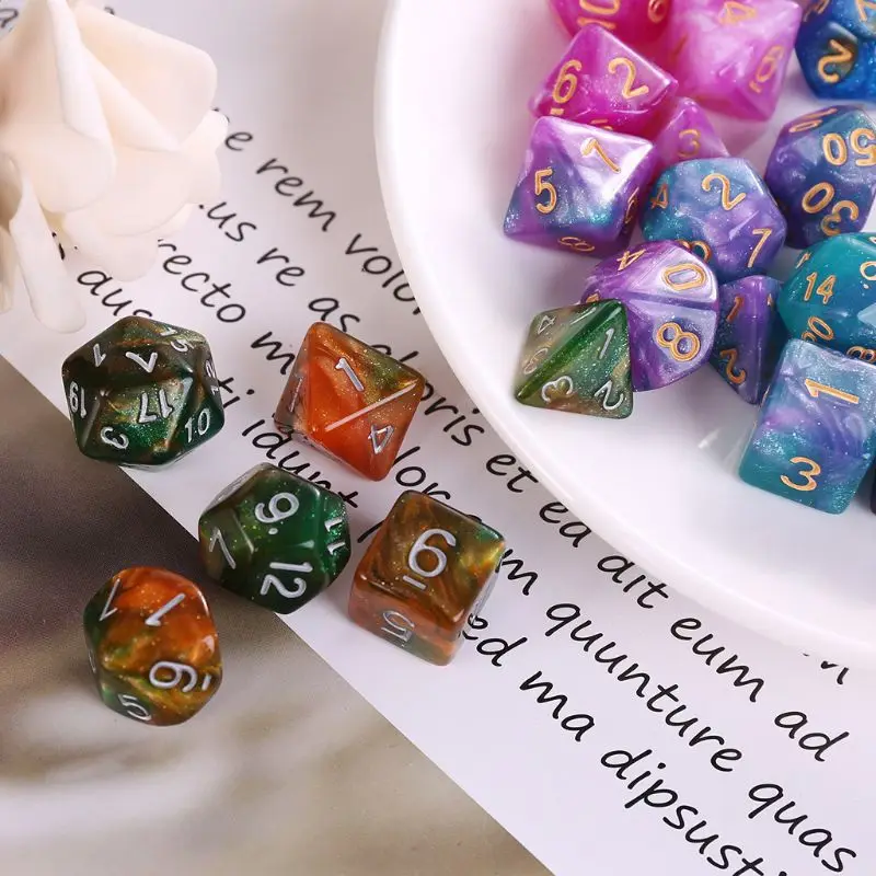

7pcs/set Dichromatic D4 D6 D8 D10 D12 D20 Polyhedral Dices Numbers Dials Desktop