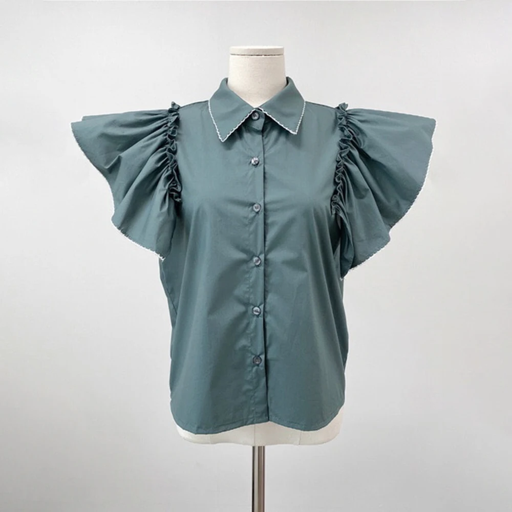 

2021 Summer New Japanese Style Korean Fashion Single-breasted Solid Color Blouse Flying Sleeves Simplicity Casual Women's