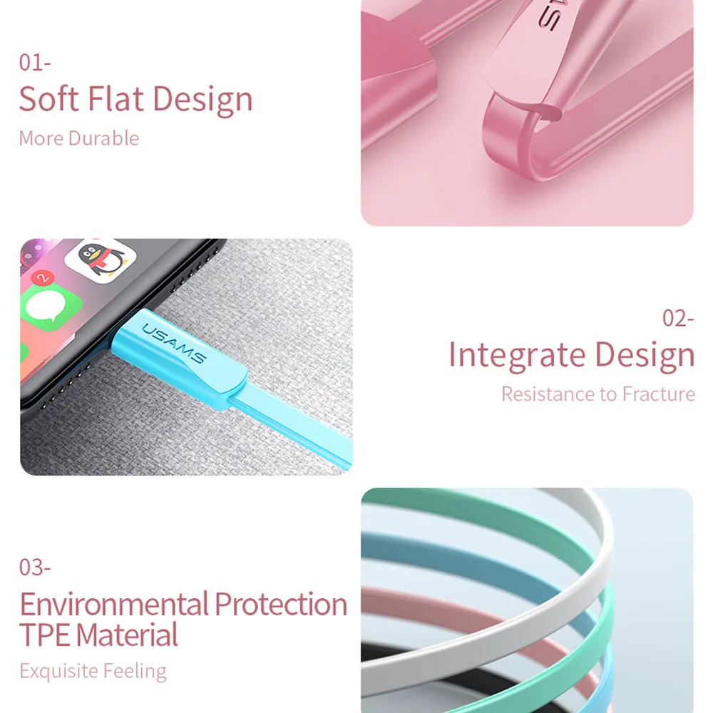USAMS U2 2A Flat Soft Silicone Charging Data Cable For iPhone iPad Lightning Type C Micro USB Cable For Huawei Xiaomi Samsung