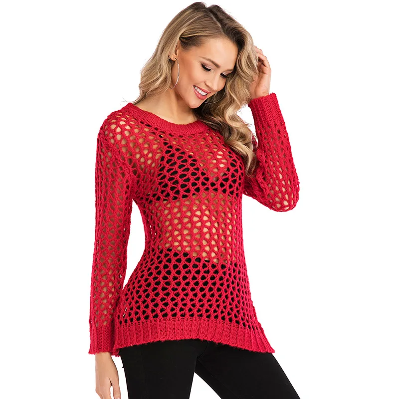 Женский прозрачный свитер сетчатые топы вязаные пуловеры с вырезами свитеры