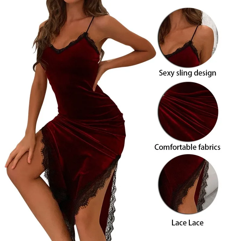 

Comfortable Sleepwear Women Sexy Lace Sling Long Dress Women Elegant Hollow V Neck Party Dresses Female Black Side Slit Dress