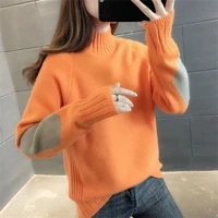 loose casual korean knit pullover 2021 autumn color block high elastic knitwear half turtleneck jumper bottoming sweaters female