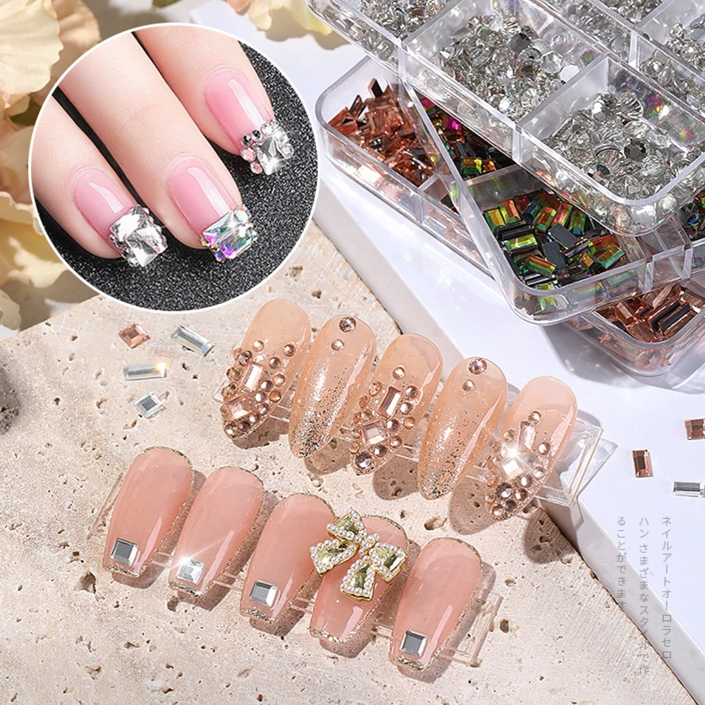 

6 Grids/Boxed Nail Art Flat Diamond Jewelry White Mirror Rhinestone Square Diamond Boxed Nail Accessories