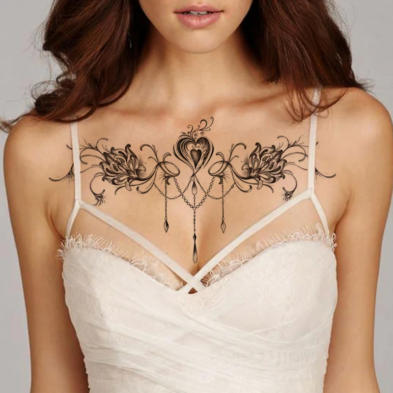 

Waterproof Temporary Tattoo Sticker Higan Flower Love Pearl Chain Flash Tattoo Female Black Sexy Body Art Chest Fake Tattoo Male