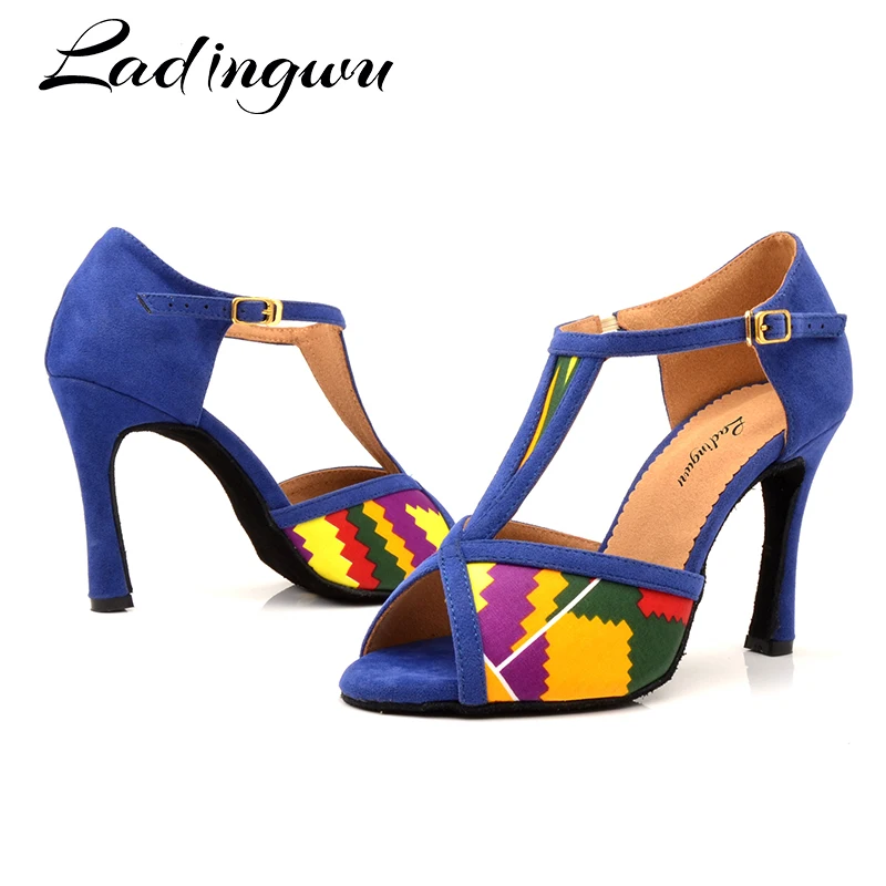 Ladingwu/женские вечерние туфли для сальсы и бальных танцев; туфли для латинских танцев; атласные туфли с модным узором; синие замшевые туфли на каблуке 10c