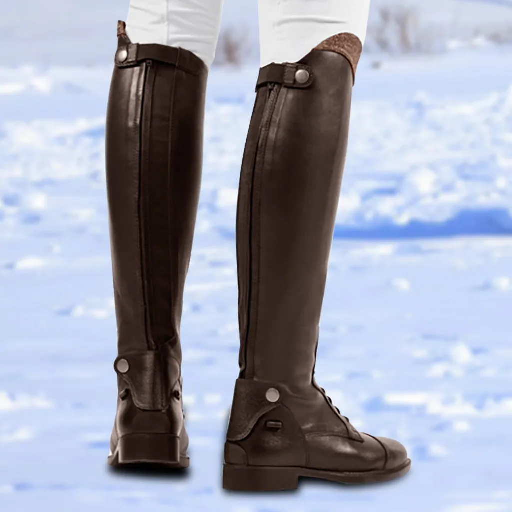 Women Knee High Leather Winter Boots Tight Warm Punk Unisex Med Heels Ridding Boots Formal Cool Retro Slip On Riding Shoes